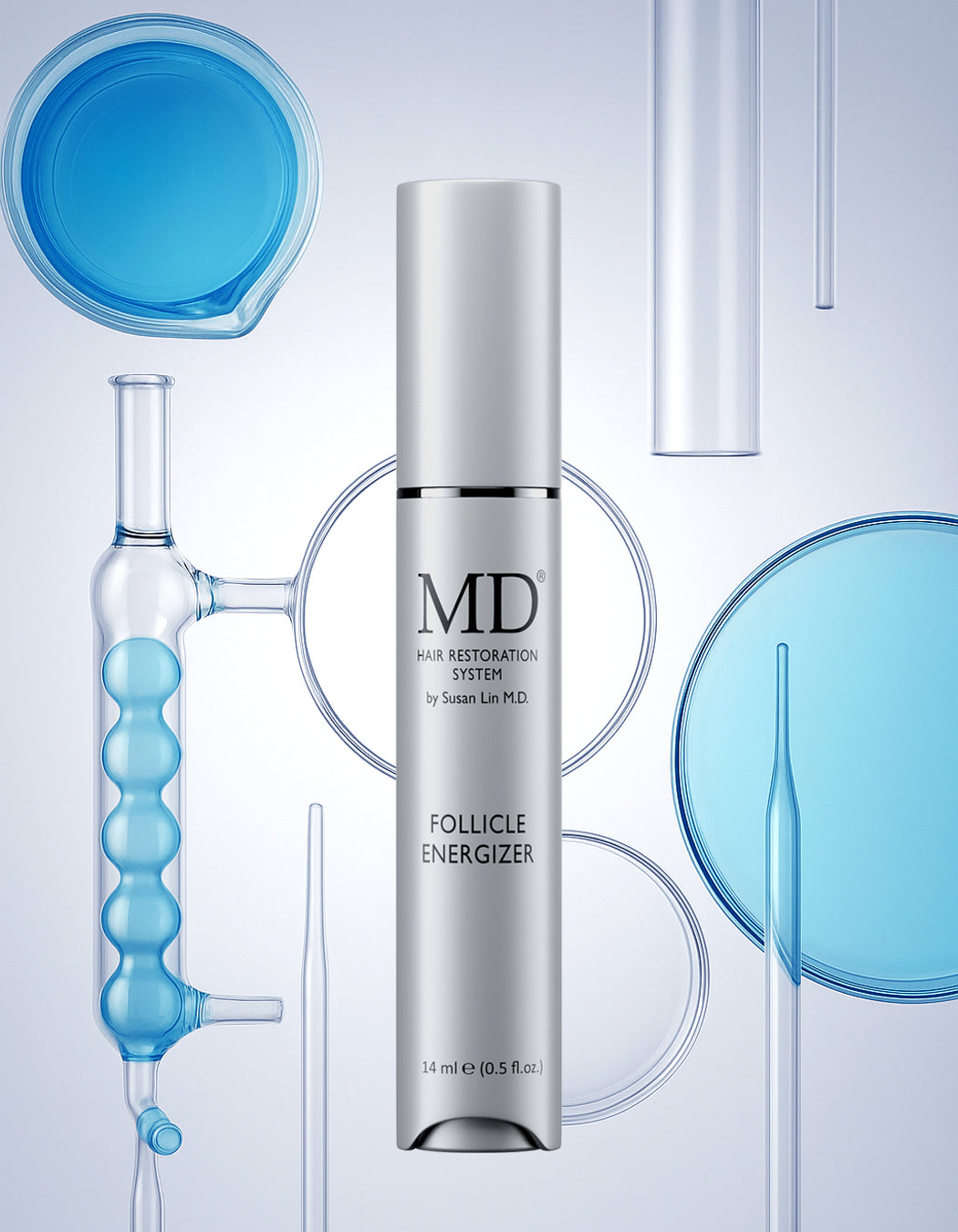 Graphic showing thinning‑hair concerns and the MD® Hair Follicle Energizer scalp‑serum routine