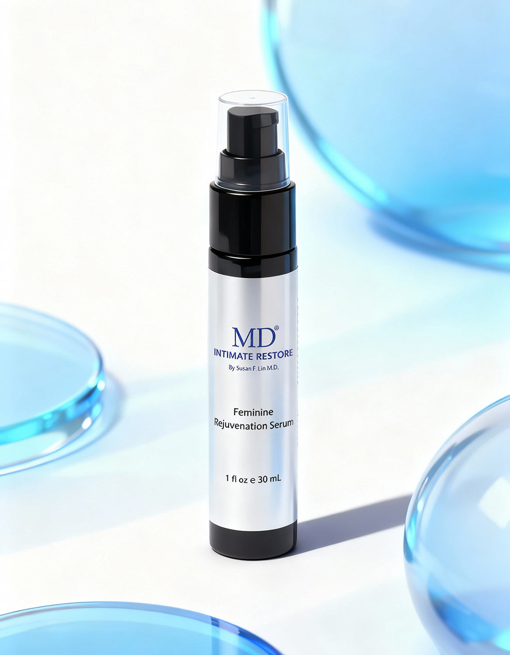 MD Intimate Restore serum against a high-tech clinical background, representing 35 years of medical expertise by Dr. Susan Lin in regenerative anti-aging and women’s health.