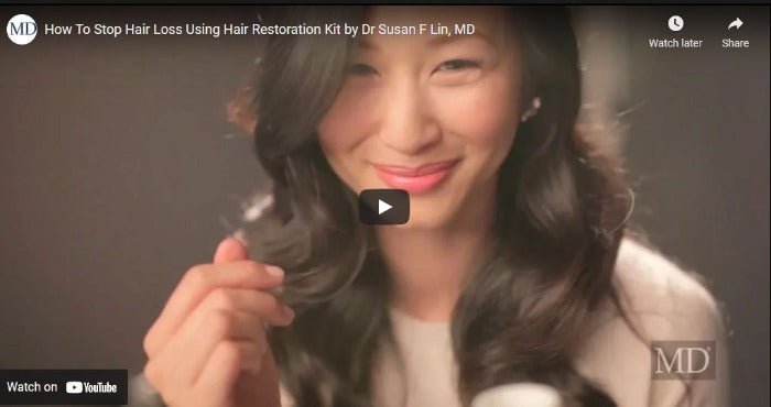 Video showcasing MD Hair products – drug-free, physician-formulated solutions for thinning hair, scalp care, and hair regrowth support