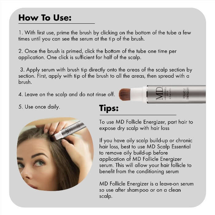 Applying MD® Follicle Energizer with a precision brush to the thinning scalp area – part of the MD Hair system for targeted follicle support