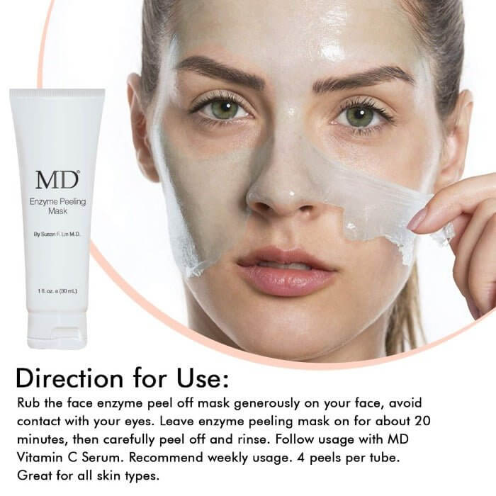 Model applying MD Enzyme Mask with clean fingertips; use on dry skin, leave on for 5–10 minutes, then rinse to reveal smooth, glowing skin