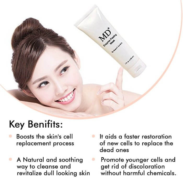 Key benefits of MD Enzyme Mask: boosts skin cell renewal, brightens dull skin, and helps reduce discoloration for a revitalized complexion