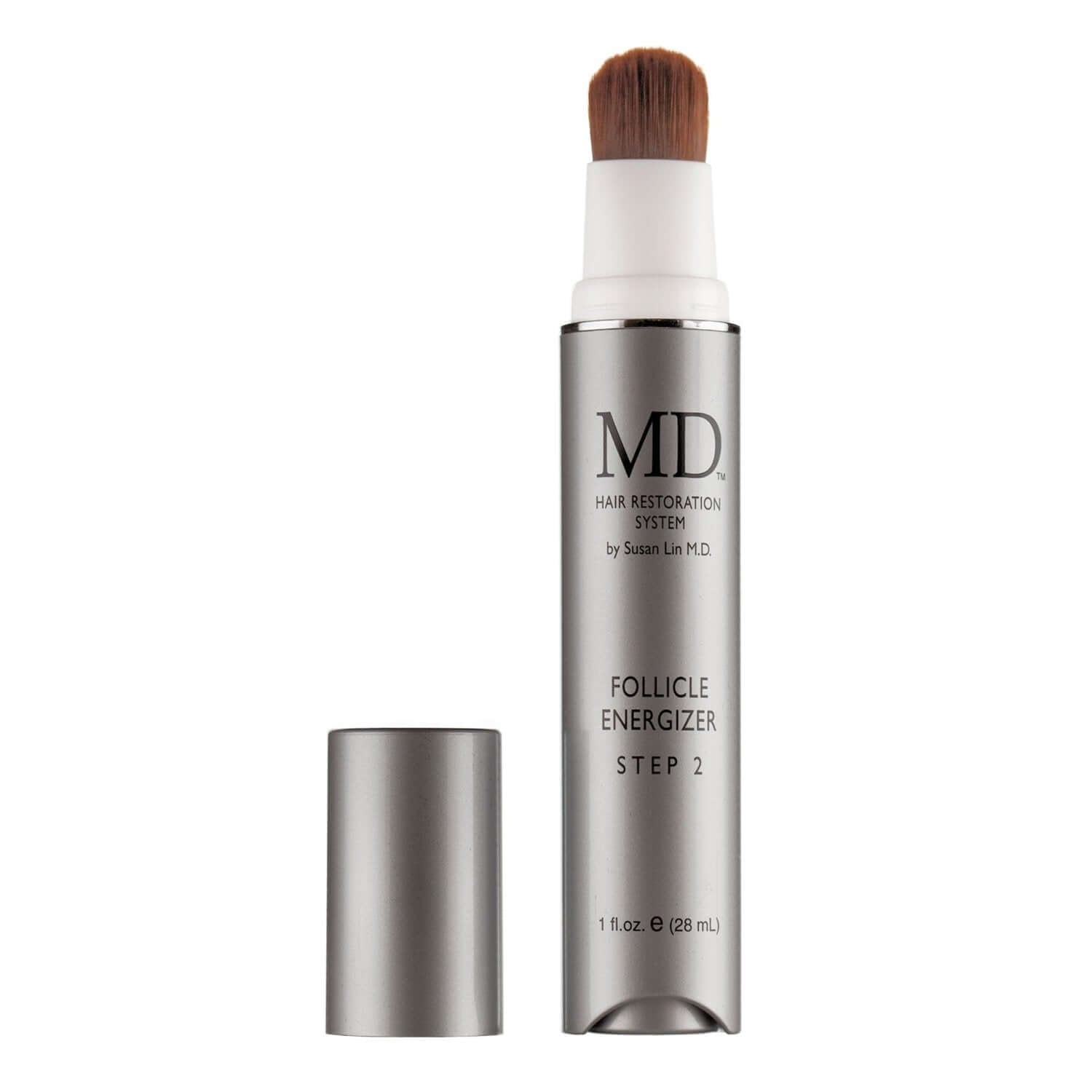 Close-up of MD Follicle Energizer precision brush applicator for targeted scalp treatment – drug-free hair regrowth serum from the MD Hair system