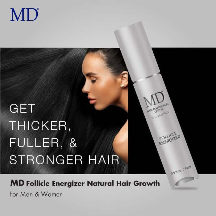 MD® Follicle Energizer hair serum shown with woman with long, thick black hair – get thicker, fuller, denser hair for men and women with MD Hair