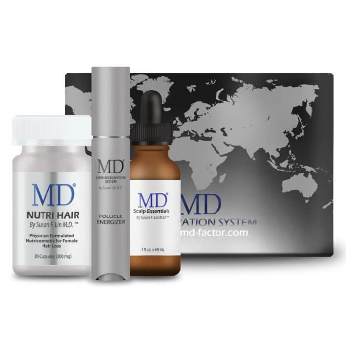 MD Hair Restoration Starter Kit – includes Nutri Hair, Follicle Energizer, Scalp Essentials, and branded box for thinning hair support