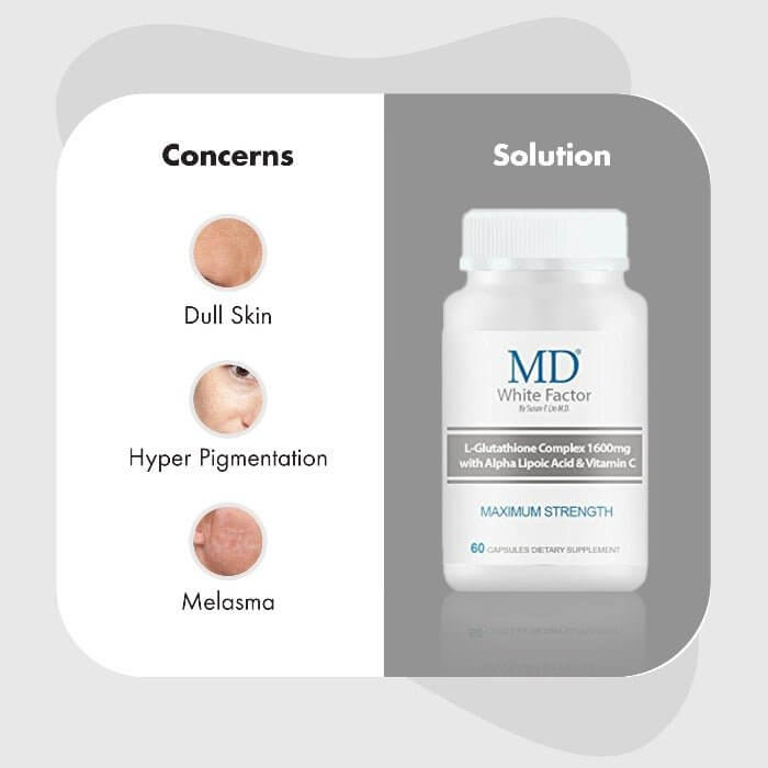 MD White Factor for dull skin, melasma, and hyperpigmentation—clinically formulated skin whitening and detox solution