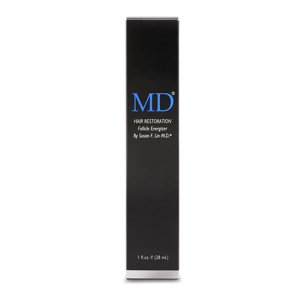 Front panel of MD Follicle Energizer 28ml box – hair regrowth treatment from the MD Hair system for thinning hair in men and women