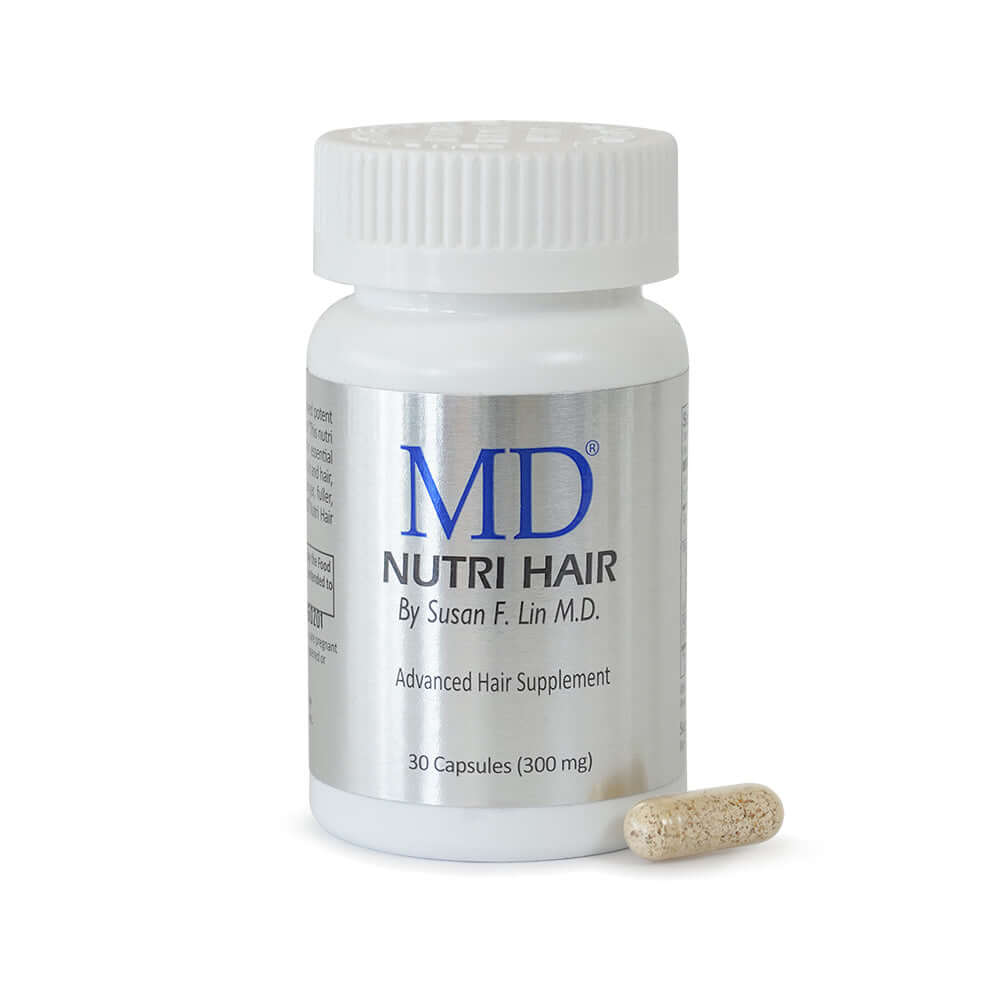Front of MD Nutri Hair bottle shown with actual small, easy-to-swallow vegetable capsule – drug-free hair growth supplement for men and women by MD Hair