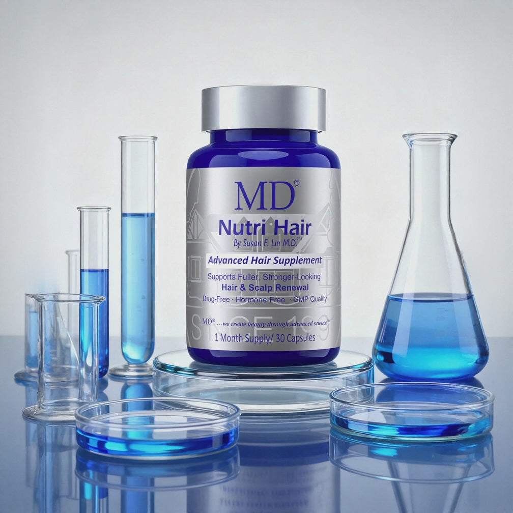 Clinical laboratory footage showing the formulation of MD Hair. Physician-led research into lilac plant stem cell technology for hair density.