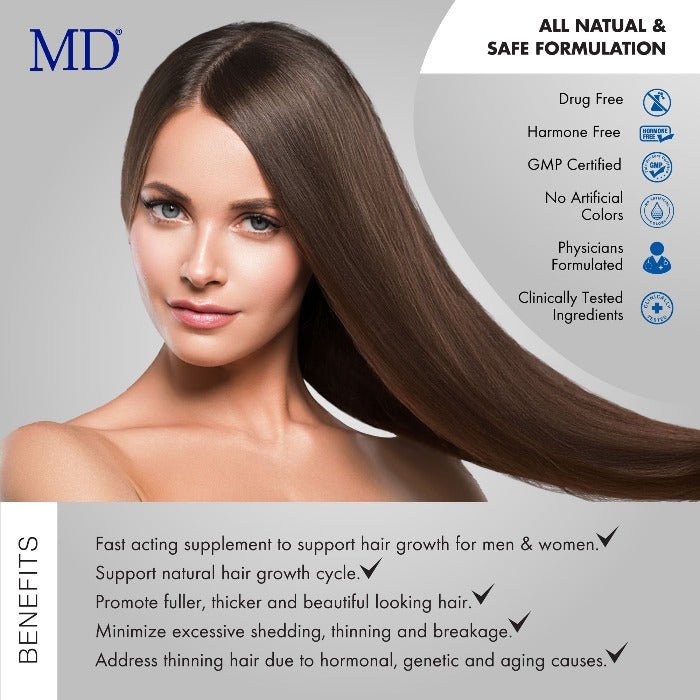 MD Nutri Hair Growth Supplement - Minimizes Hair Shedding, Thinning and Breakage  - 30 Capsules - MD