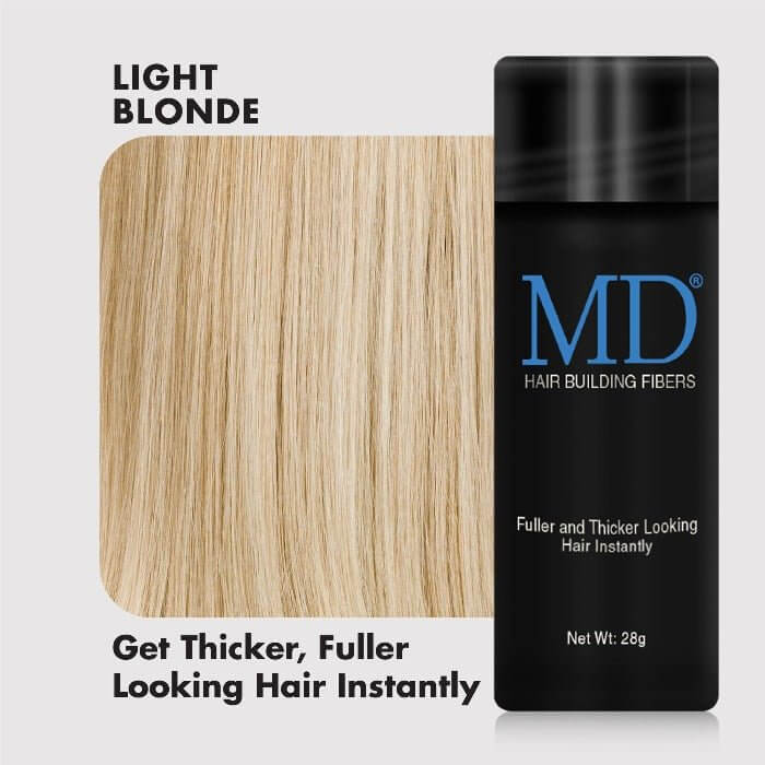 Light blonde hair with visible improvement after MD Hair Fiber—conceals thinning areas and creates fuller, natural-looking hair instantly.