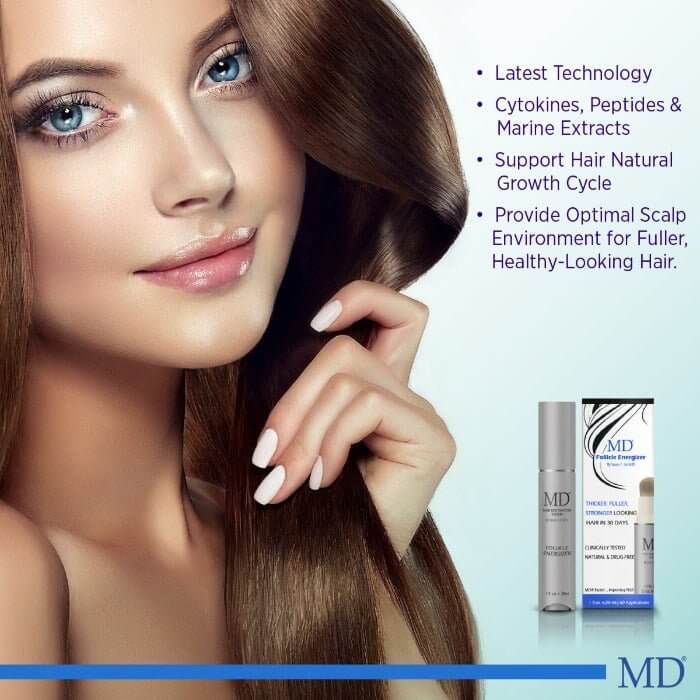 MD Follicle Energizer with woman showing long thick hair – supports natural hair growth with cytokines, peptides, and marine extracts