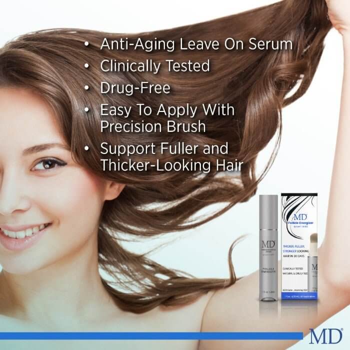 MD Follicle Energizer with smiling woman – clinically tested, drug-free leave-on serum for fuller, thicker-looking hair with precision brush applicator

