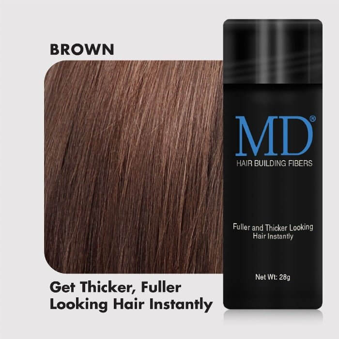 MD Hair Fiber bottle shown on clean background—natural hair thickening fiber for instant coverage of thinning hair and bald spots.