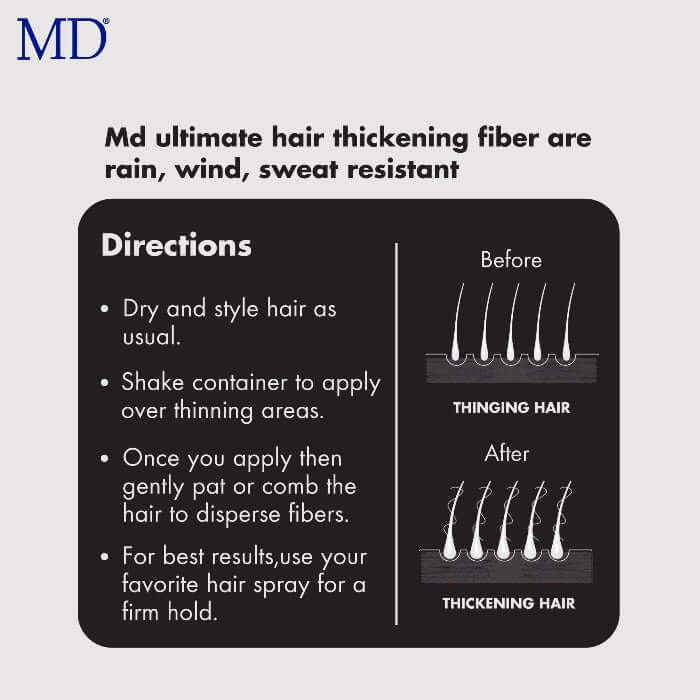 MD Hair Fiber is rain, water, and wind resistant. Easy to apply—just shake onto dry hair, blend, and lock with hairspray for all-day hold.
