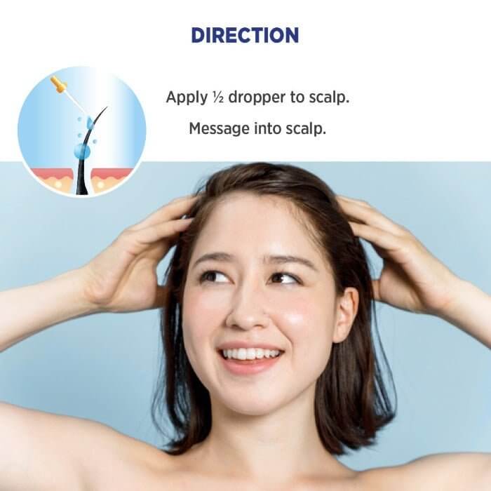 MD Scalp Essentials application – apply 1/2 dropper to scalp and gently massage to relieve itch and support healthy hair growth


