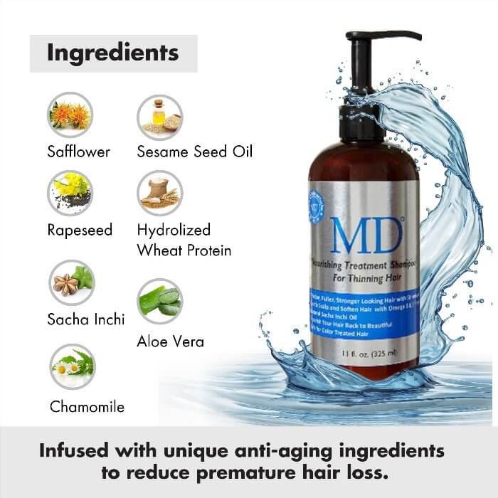 MD Nourishing Treatment Shampoo ingredients: anti-aging botanicals like safflower, sesame, wheat protein, aloe, Sacha Inchi, chamomile, and rapeseed

