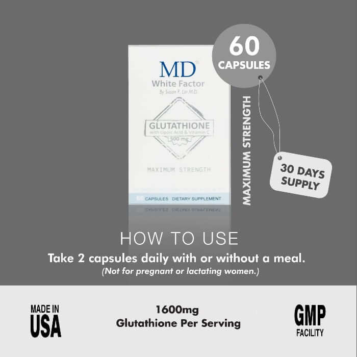 MD White Factor 30-day supply with 1600 mg glutathione per serving – Made in USA, GMP facility, with usage directions