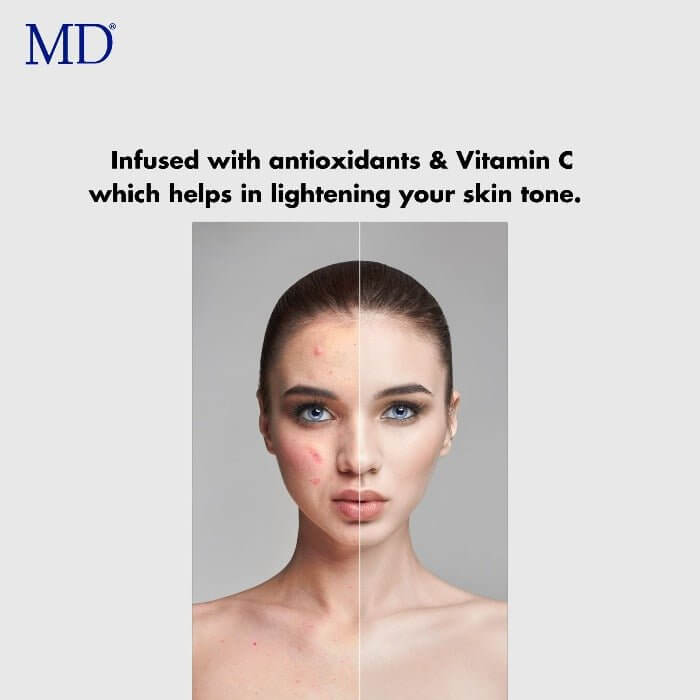 MD White Factor before and after – infused with antioxidants and vitamin C to visibly lighten and brighten skin tone


