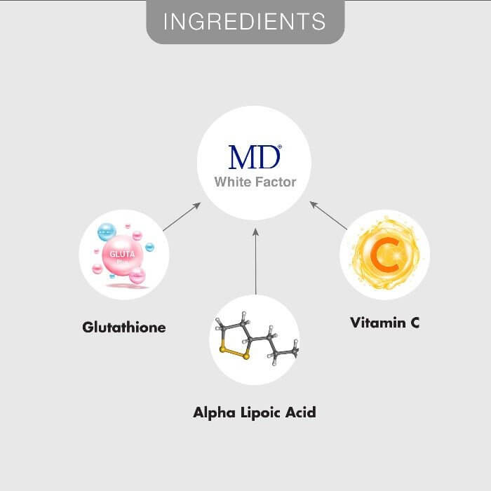 MD White Factor with glutathione, vitamin C, and alpha lipoic acid for skin whitening and antioxidant detox support