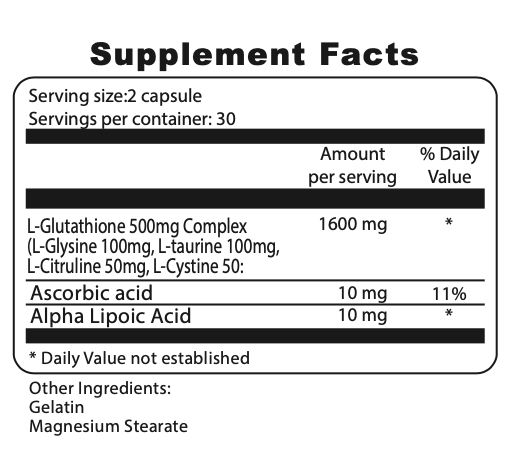 MD White Factor Supplement Facts – shows glutathione, vitamin C, alpha lipoic acid with serving size and % daily value

